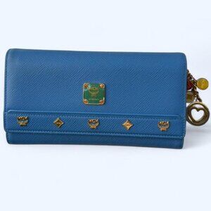 MCM München Blue Trifold Wallet with Golden Charm